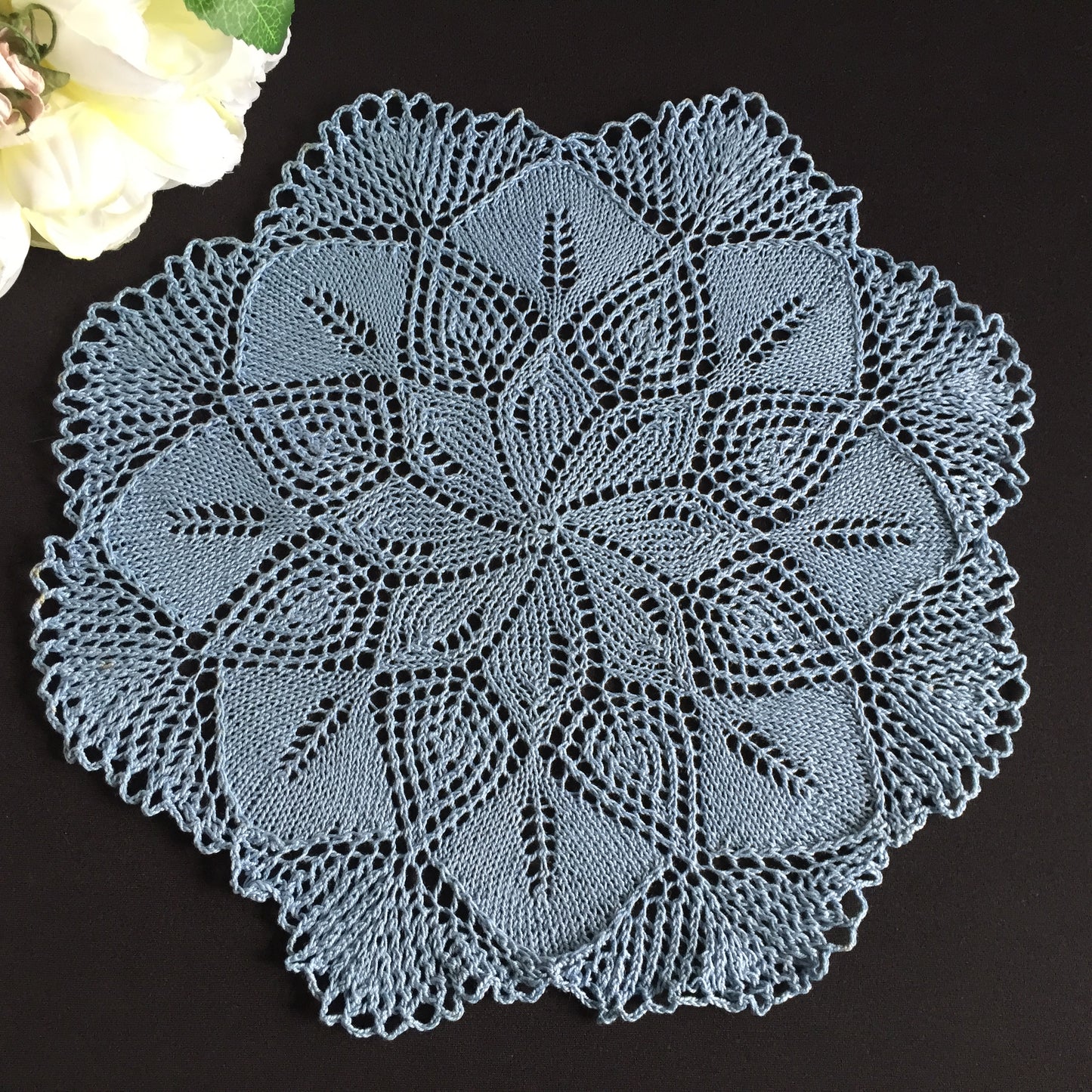 Mid Century Vintage Hand-Knitted Blue Cotton Lace Table Centre Doily