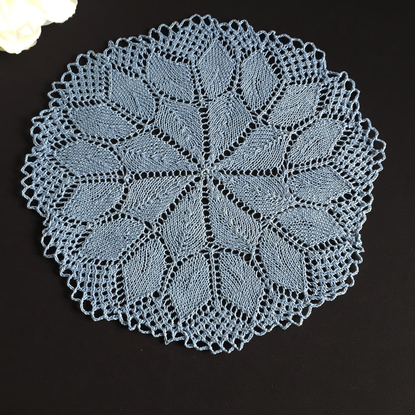 Mid Century Vintage Hand-Knitted Blue Cotton Lace Table Centre Doily