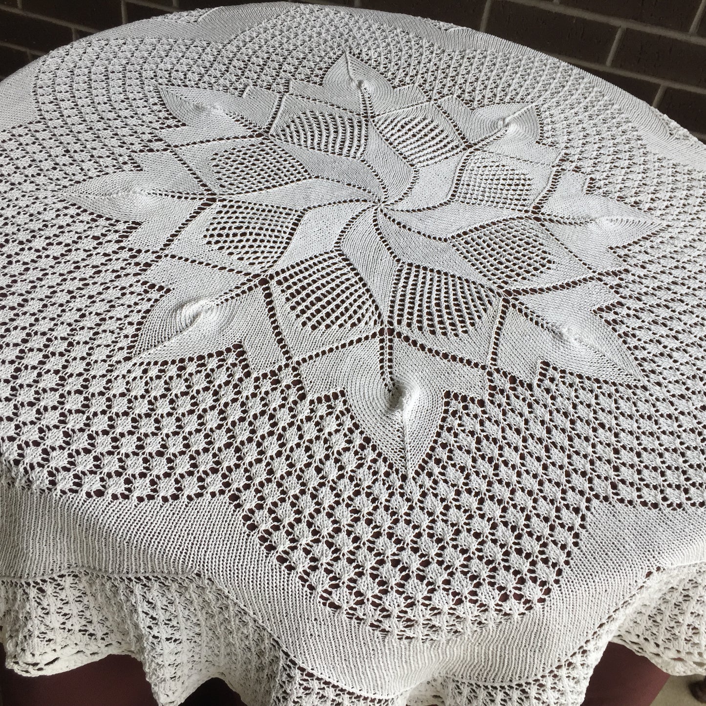 Round Vintage Hand Knitted and Crocheted Lace Cotton Tablecloth