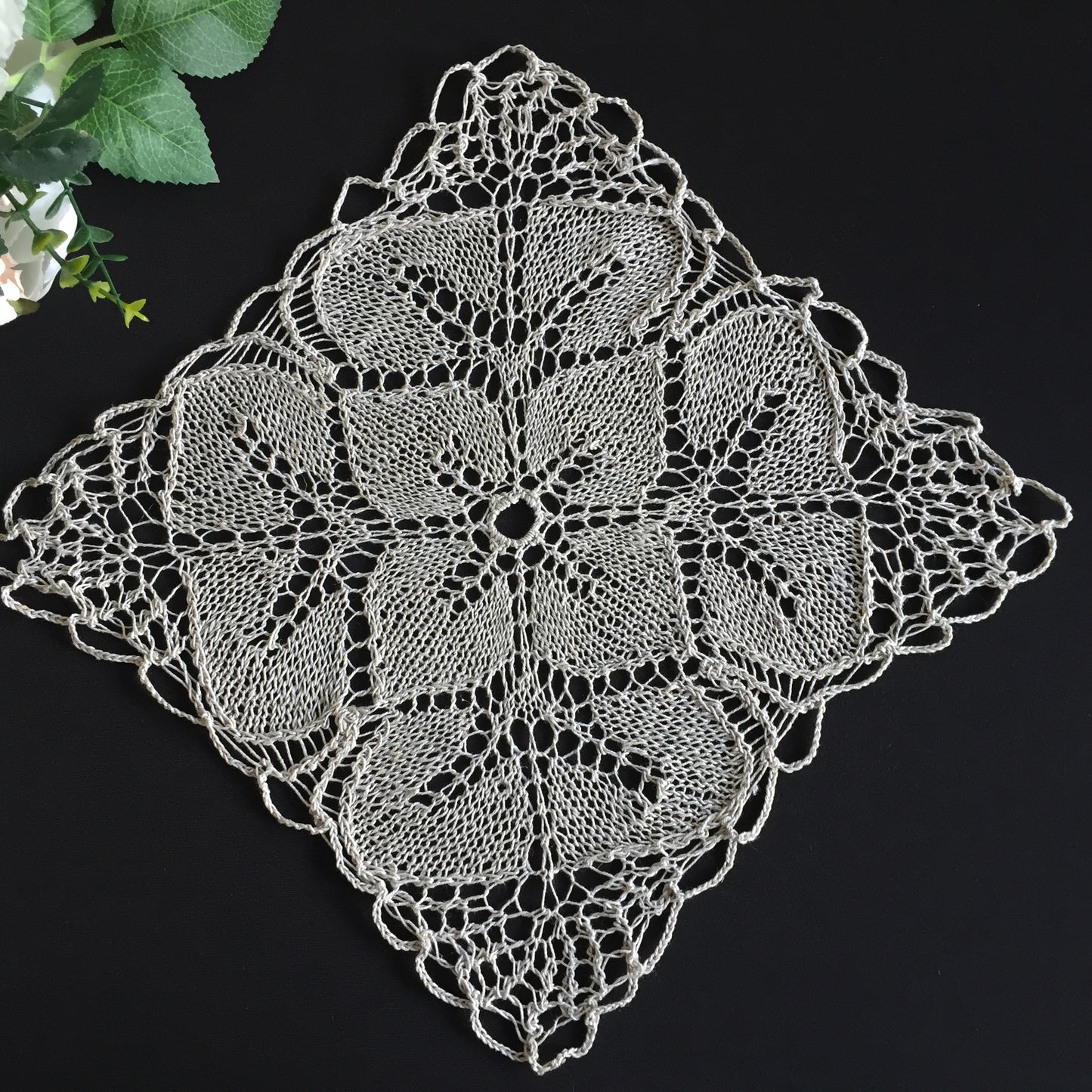 Knitted Shetland Lace Dark Ecru/Taupe Cotton Doily 11" | Vintage Handmade