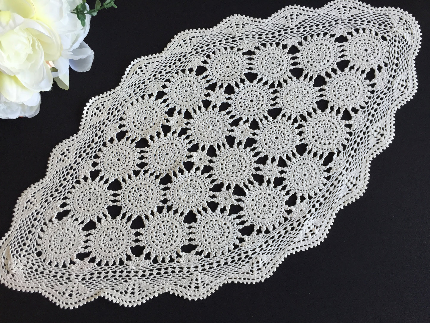 Large Oblong Off-White Cotton Crochet Lace Table Centre Doily | Mid-Century Vintage