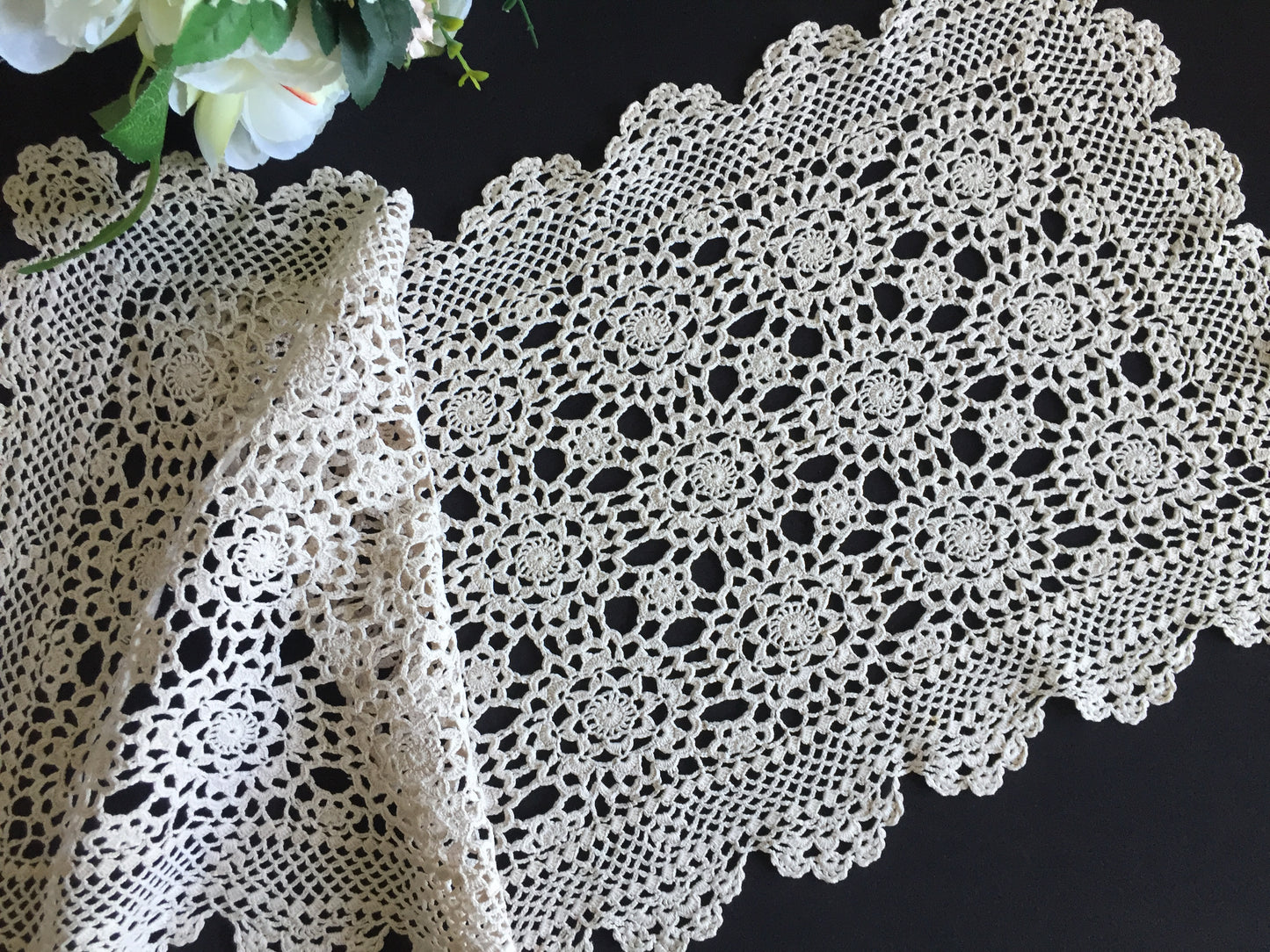 Ecru Cotton Crochet Lace Table Runner | Handmade Mid-Century Vintage