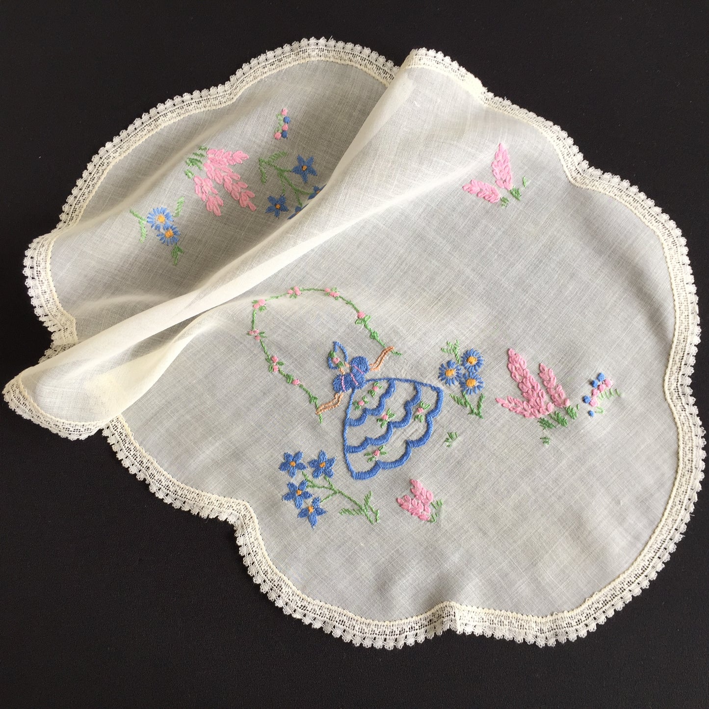 Vintage Embroidered Sheer Muslin Doily: Crinoline Lady / Garden Flowers