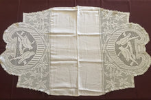 Load image into Gallery viewer, Collectible Vintage Linen Table Centrepiece with Mary Card Designed "LOVE BIRDS" (Crochet Book No. 1, New York 1920) Filet Crochet Scarf End Lace Panels