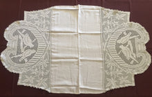 Load image into Gallery viewer, Collectible Vintage Linen Table Centrepiece with Mary Card Designed "LOVE BIRDS" (Crochet Book No. 1, New York 1920) Filet Crochet Scarf End Lace Panels