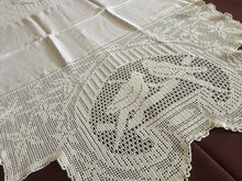 Load image into Gallery viewer, Collectible Vintage Linen Table Centrepiece with Mary Card Designed "LOVE BIRDS" (Crochet Book No. 1, New York 1920) Filet Crochet Scarf End Lace Panels