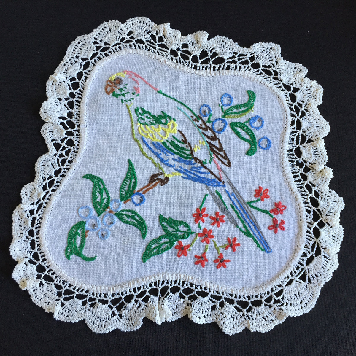 Vintage Hand Embroidered 3 Piece Dressing Table Duchess Set with Birds Design
