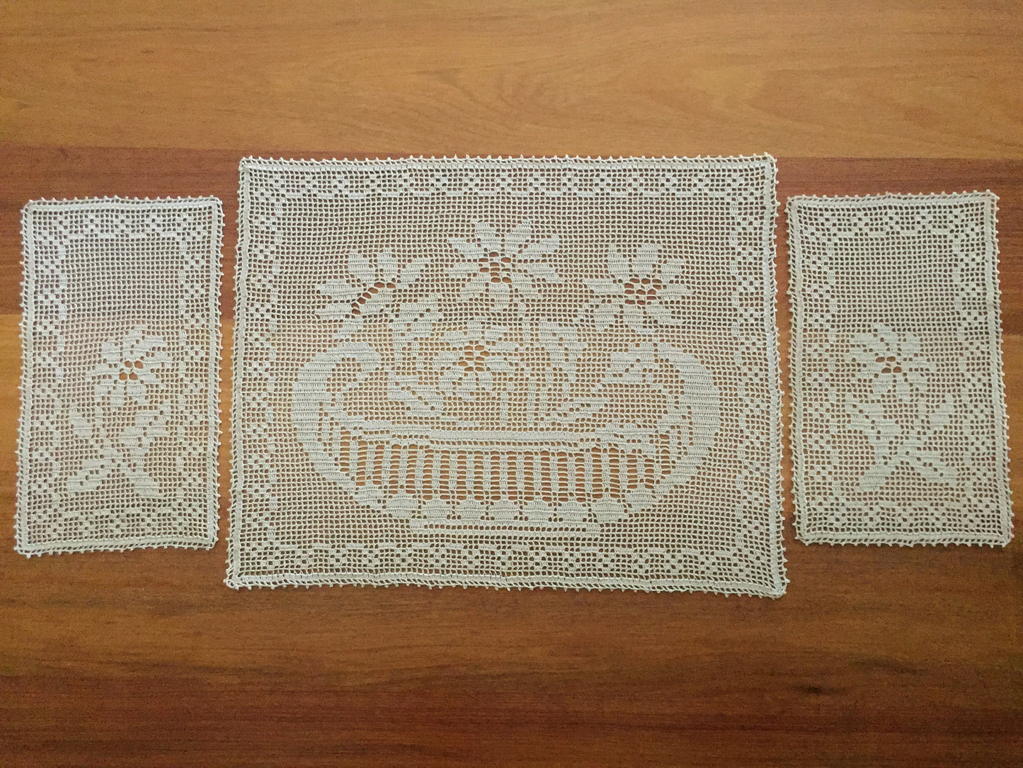 Mary Card "POINSETTIA" Design Chair Cover or Duchess Set (1936) Collectible Handmade Art Deco Filet Crochet Lace