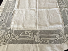 Load image into Gallery viewer, Mary Card Designed "ROSE and ROSEBUD" (1911/12) Small Vintage Filet Crochet Lace and Irish Linen Tablecloth