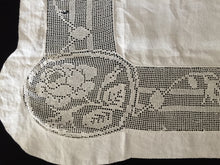 Load image into Gallery viewer, Mary Card Designed "ROSE and ROSEBUD" (1911/12) Small Vintage Filet Crochet Lace and Irish Linen Tablecloth