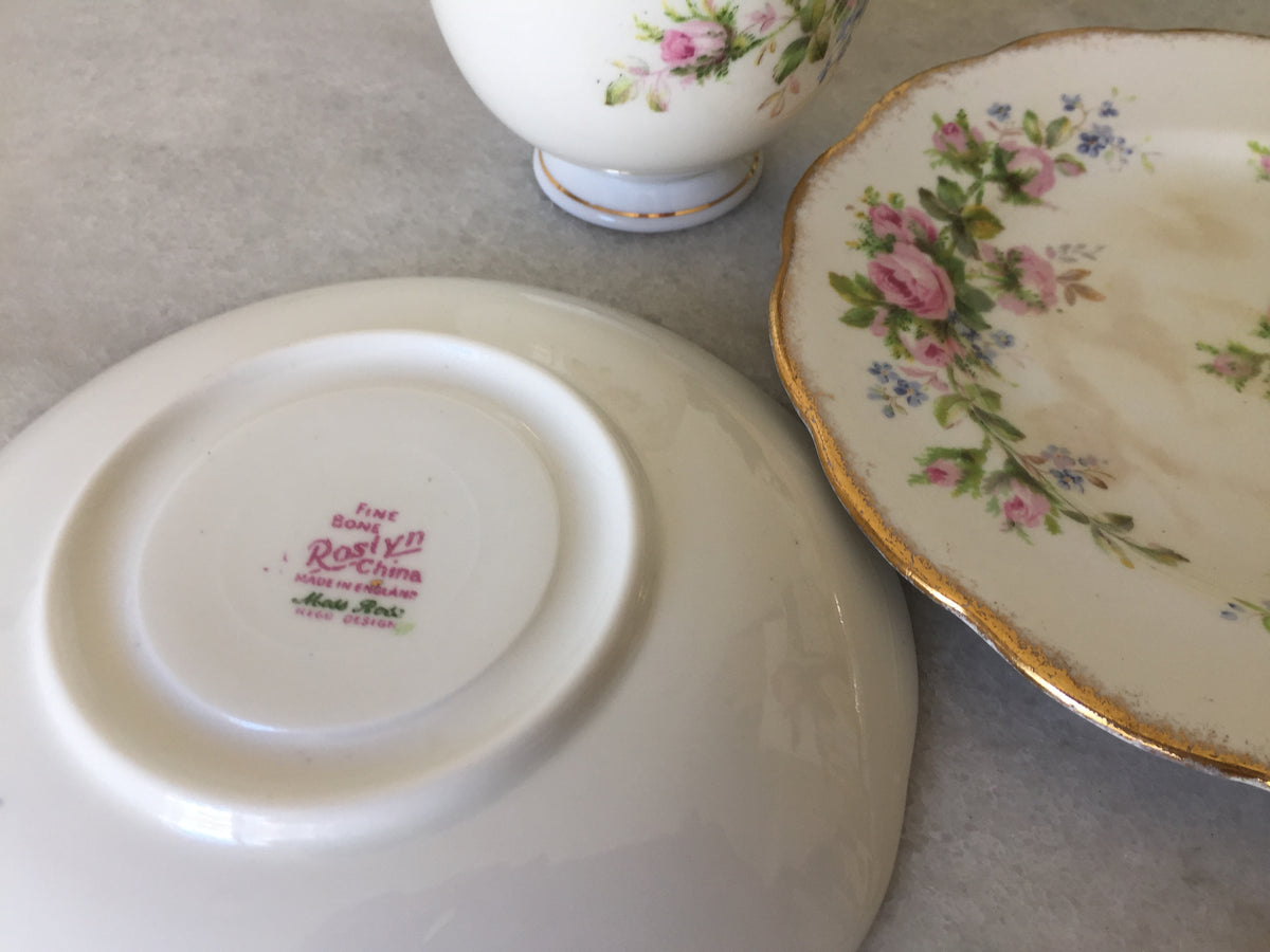Vintage Moss Rose Teacup and Saucer, English Porcelain, Pink Roses, Blue Forget-Me-Nots
