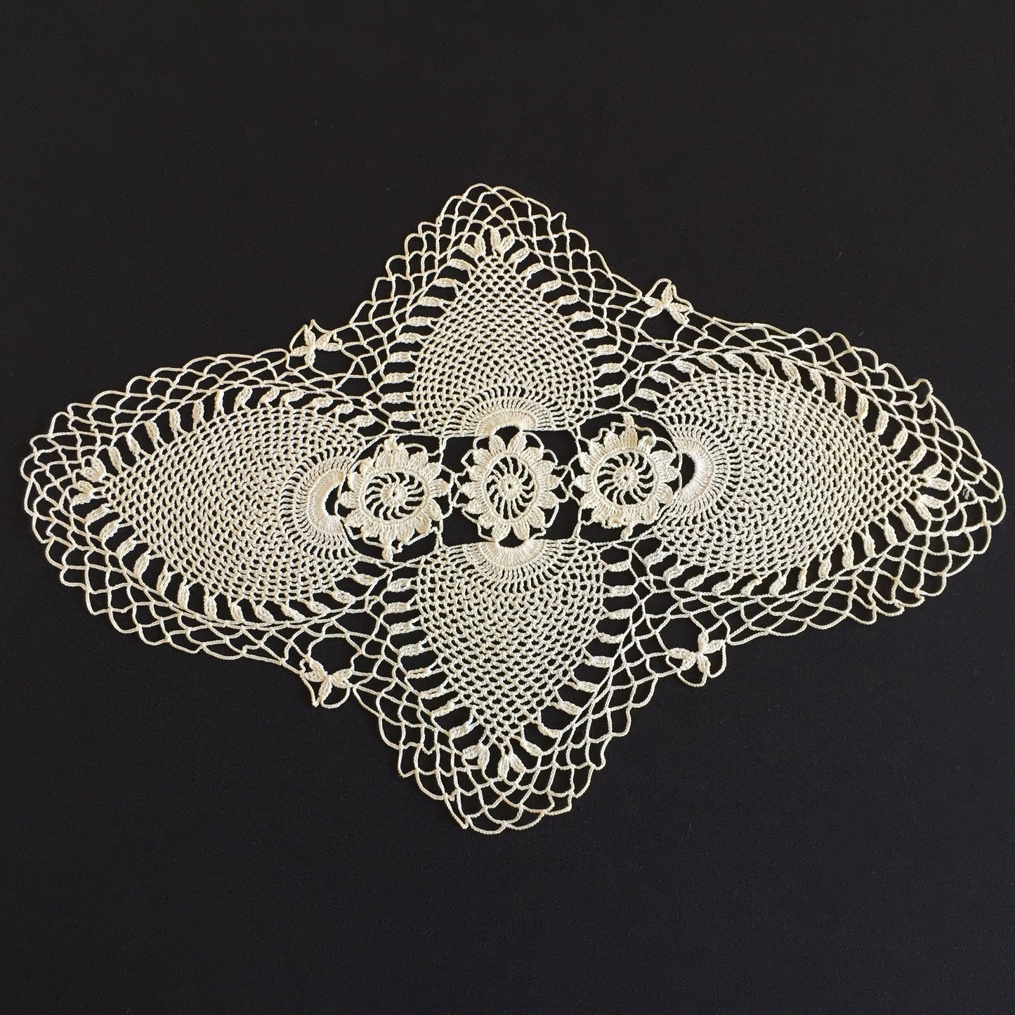 Oblong Crocheted Beige Cotton Lace Doily with Pineapple Pattern