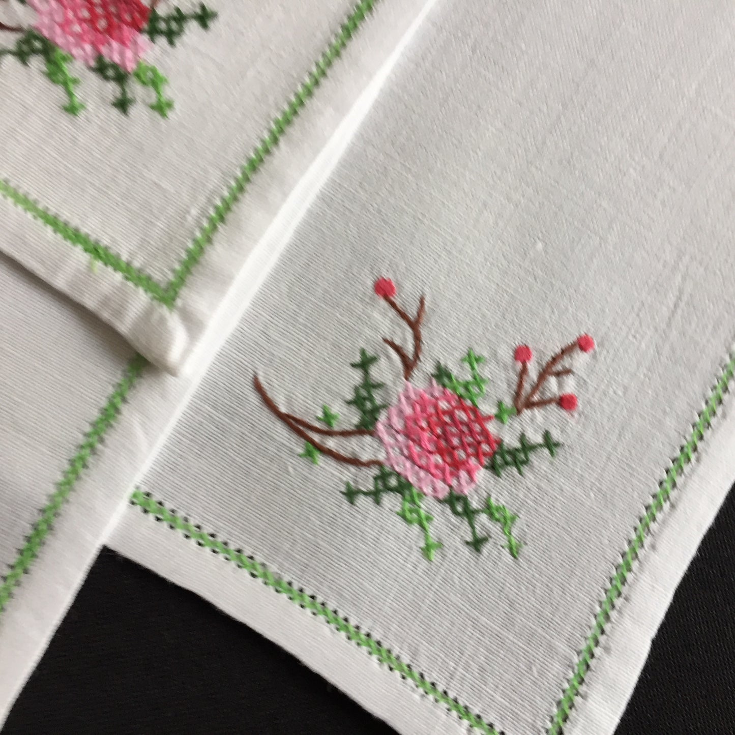 A Set of 6 Vintage Cross Stitch Hand Embroidered Cotton Reusable Napkins