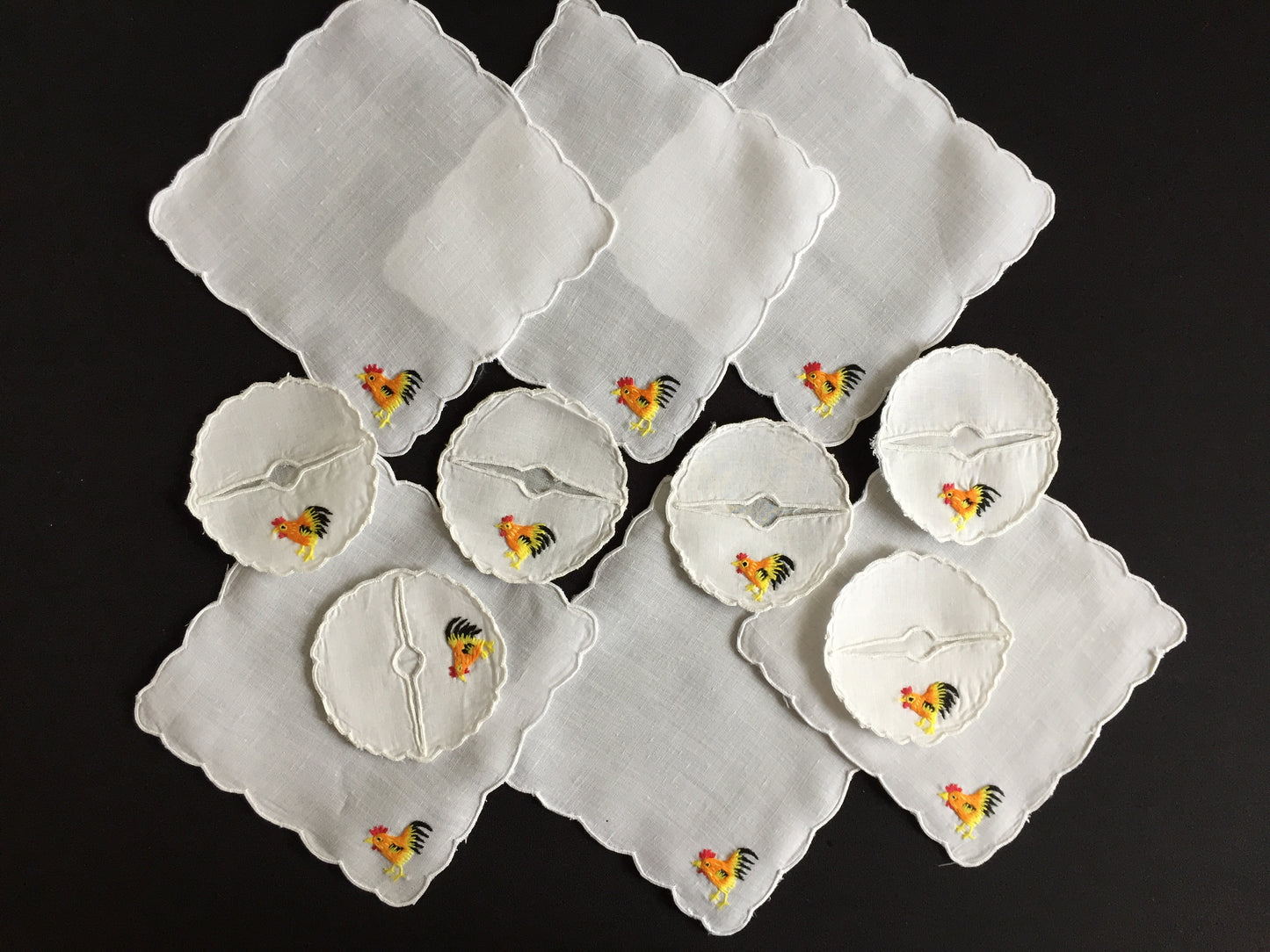 Hen Party Table Decor for 6: Cocktail Napkins & Matching Wine Glass Sleeves | Embroidered Rooster Pattern