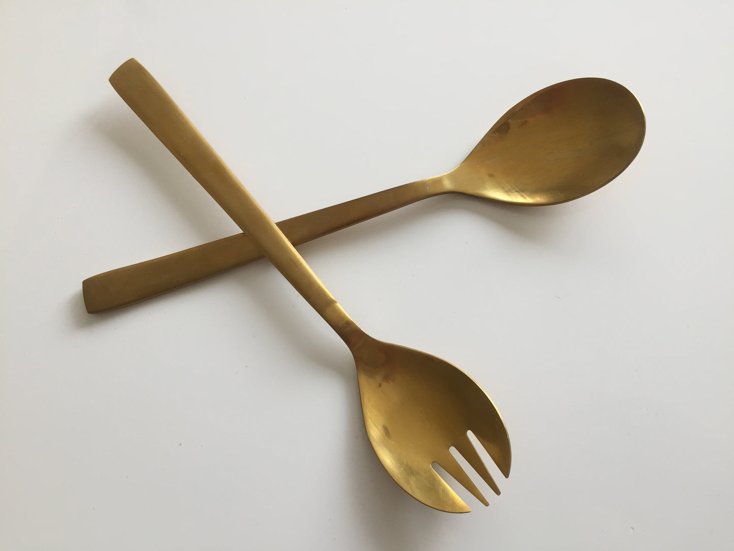 Pair of Satin Gold Tone Stainless Steel Salad Servers | Retro Flatware