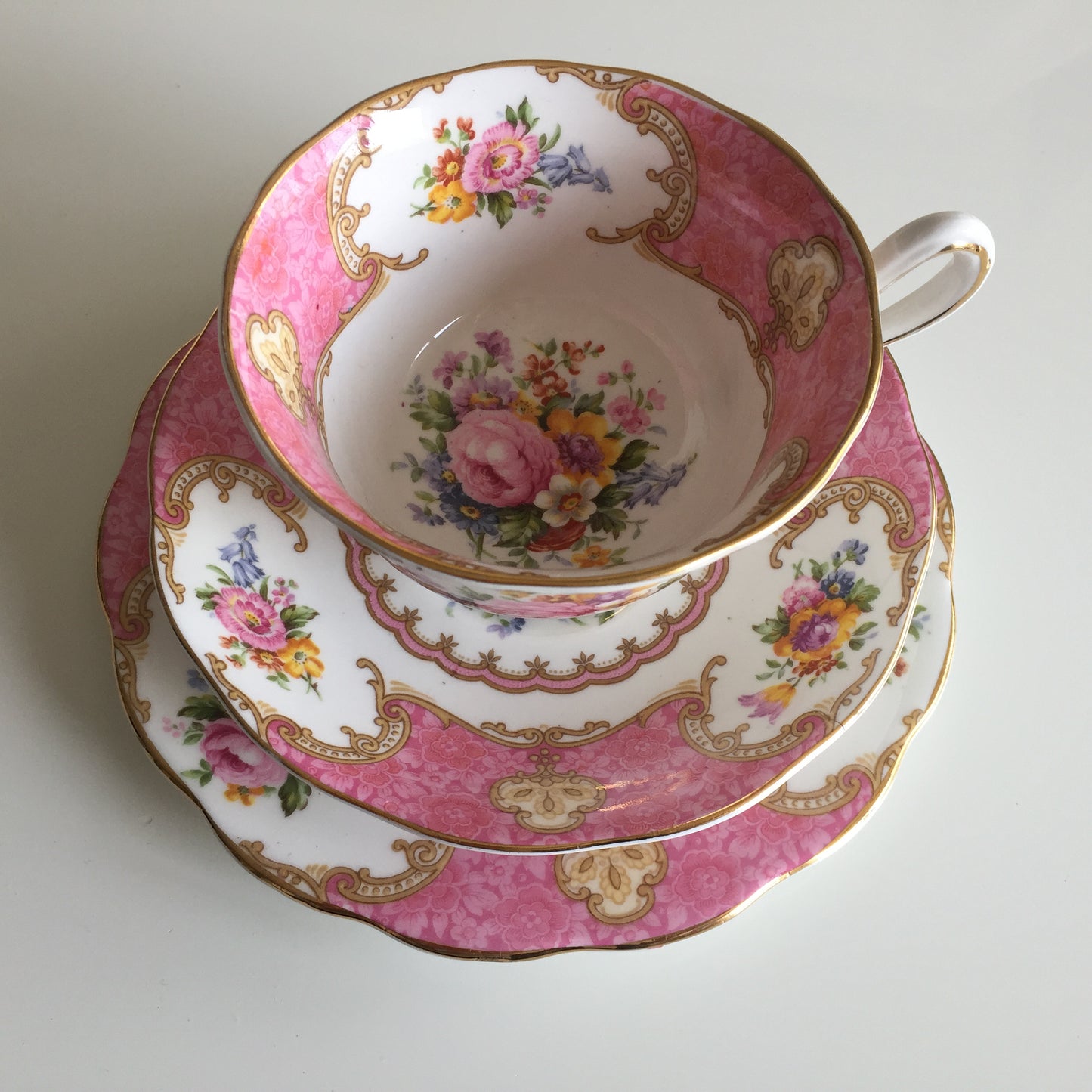 Vintage 1940s ROYAL ALBERT Lady Carlyle Avon Shaped Demitasse Trio Fine Bone China