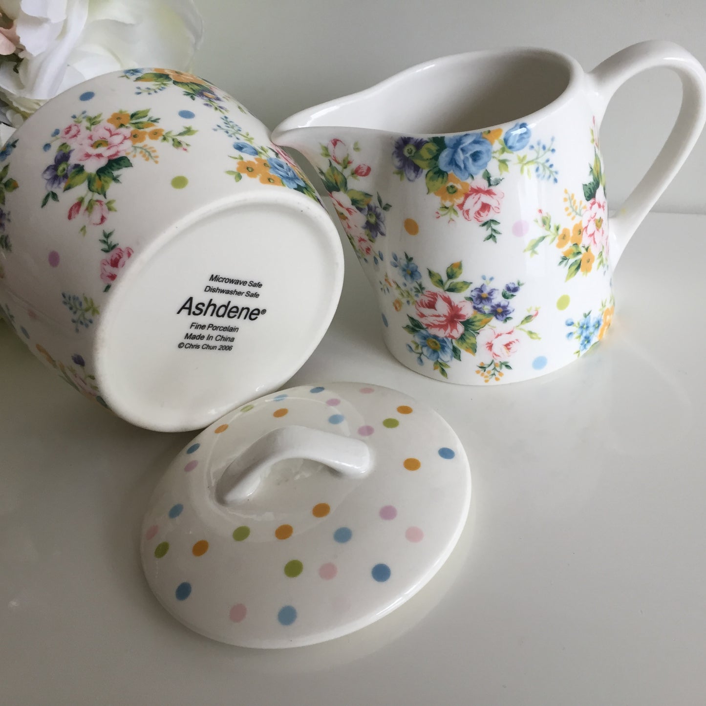 Ashdene Creamer and Covered Sugar Bowl Set | Polkadots & Flowers Pattern