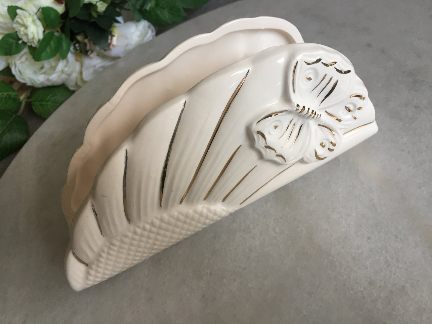 Vintage White & Gold Ceramic Serviette Holder Butterfly Pattern, Italian Design