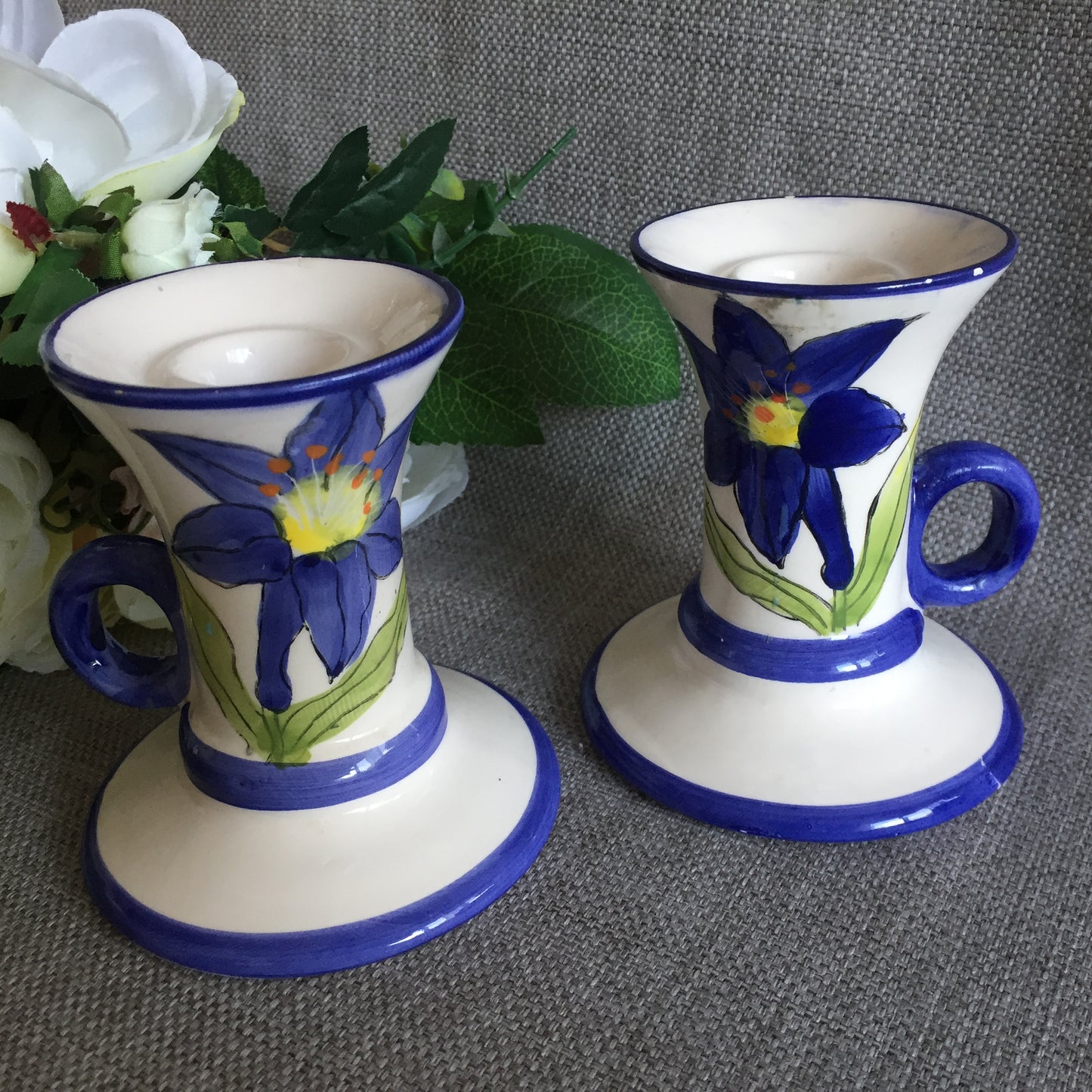 A Pair of Genuine Hand Painted Vintage Ceramic Candle Holders