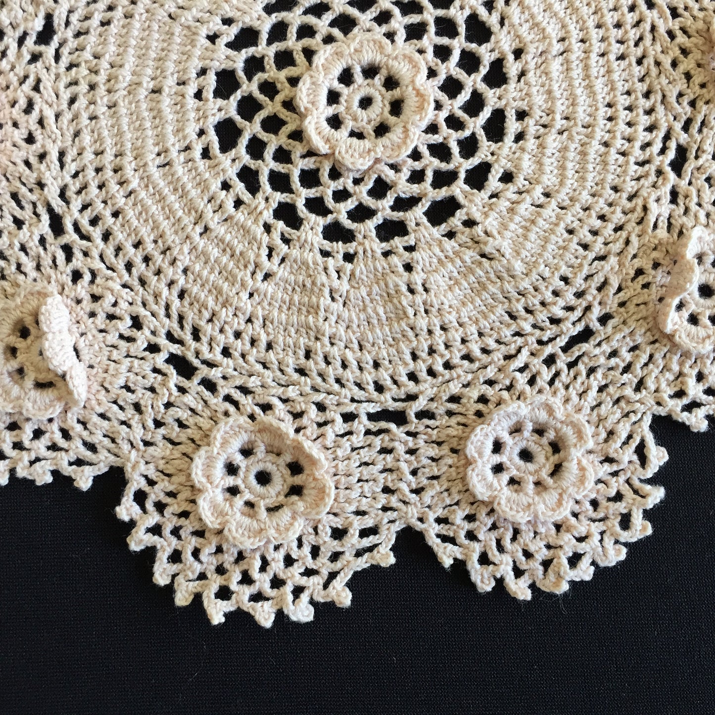 Crocheted Beige Cotton Lace Doily with 3D Irish Rose Pattern