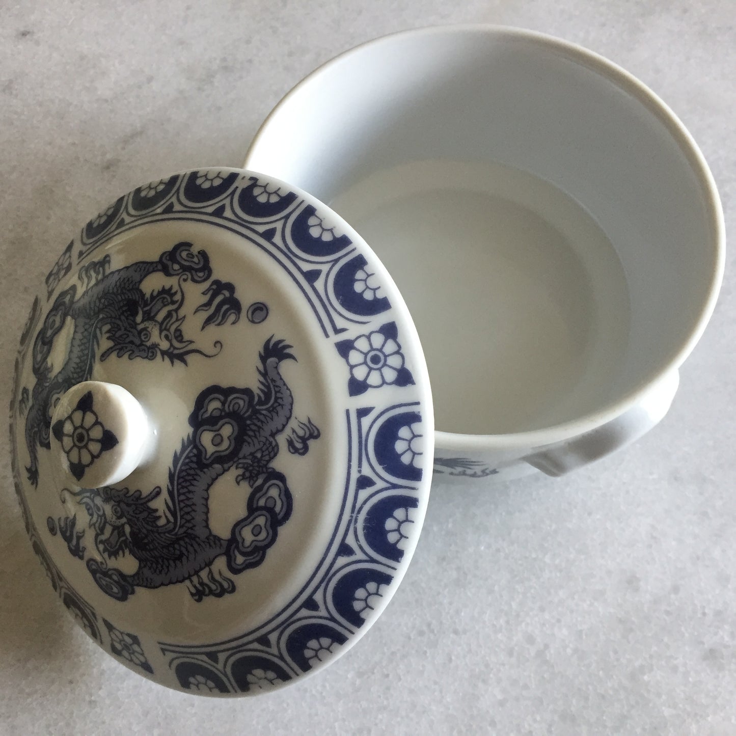 Chinoiserie 1970s Vintage Serving Dish | White & Blue Dragon Design