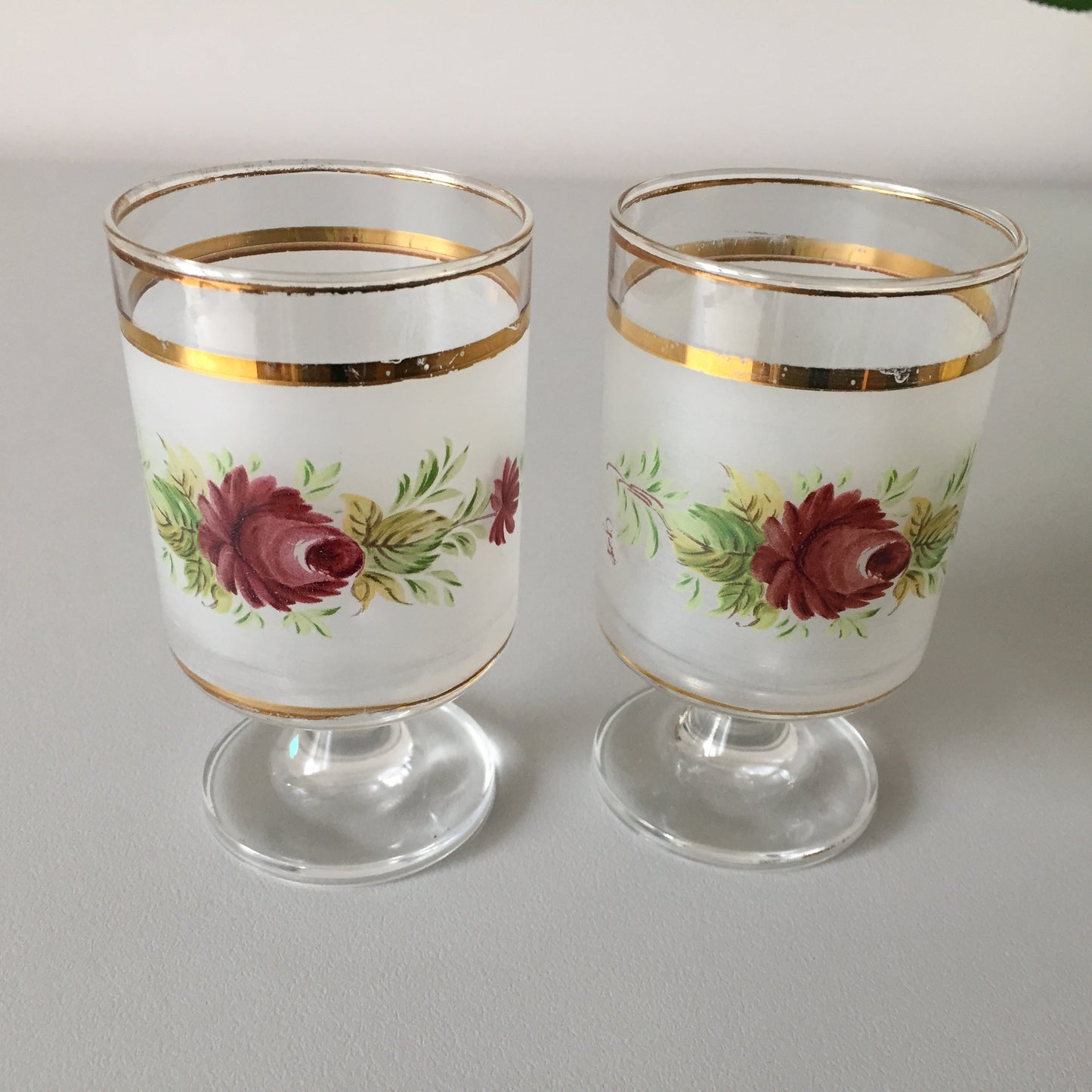 Pair of Giorgi Frosted, Hand Painted Italian Glasses | Red Rose, Gold Band