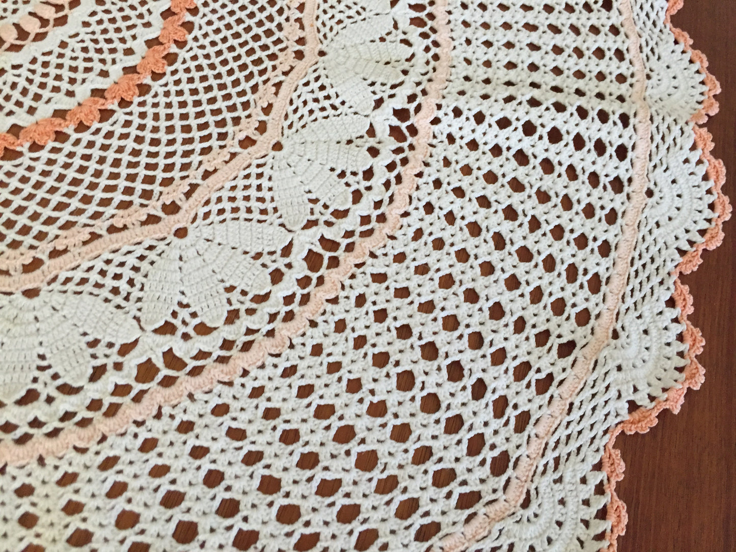 Large Vintage Crochet Lace Doily | Table Centre Mat | White & Peach Floral Pattern