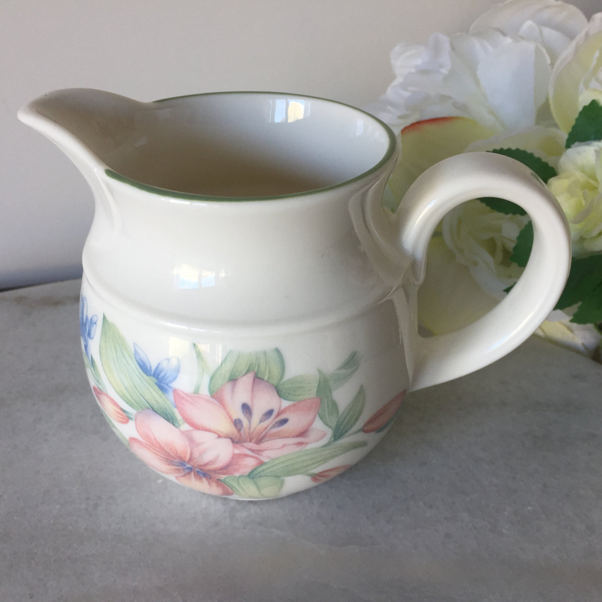 Vintage 1991 Royal Doulton Expressions 'Carmel' Made in England White Round China Milk Jug with Pastel Pink & Blue Floral Motif