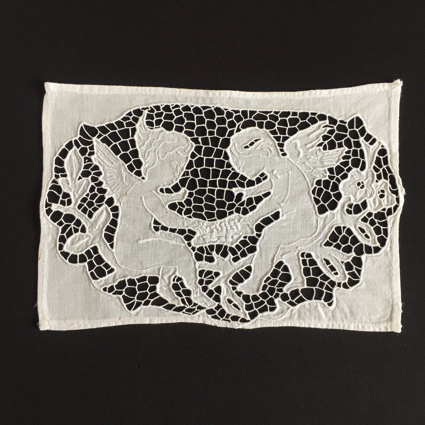 Edwardian Vintage Figural Lace Madeira Embroidered Doily