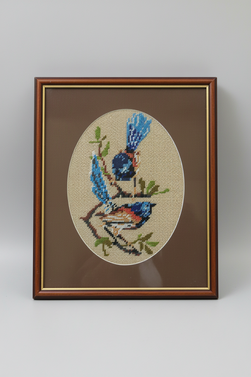 Framed Needlepoint Birds Picture. Mindanao Blue Fantail Birds on Beige Background Gobelin. Tapestry Picture