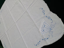 Load image into Gallery viewer, Vintage Embroidered Blue and White Square Linen Tablecloth with White Crochet Lace Edging