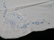 Load image into Gallery viewer, Vintage Embroidered Blue and White Square Linen Tablecloth with White Crochet Lace Edging