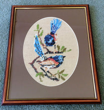 Load image into Gallery viewer, Framed Needlepoint Birds Picture. Mindanao Blue Fantail Birds on Beige Background Gobelin. Tapestry Picture