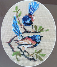Load image into Gallery viewer, Framed Needlepoint Birds Picture. Mindanao Blue Fantail Birds on Beige Background Gobelin. Tapestry Picture
