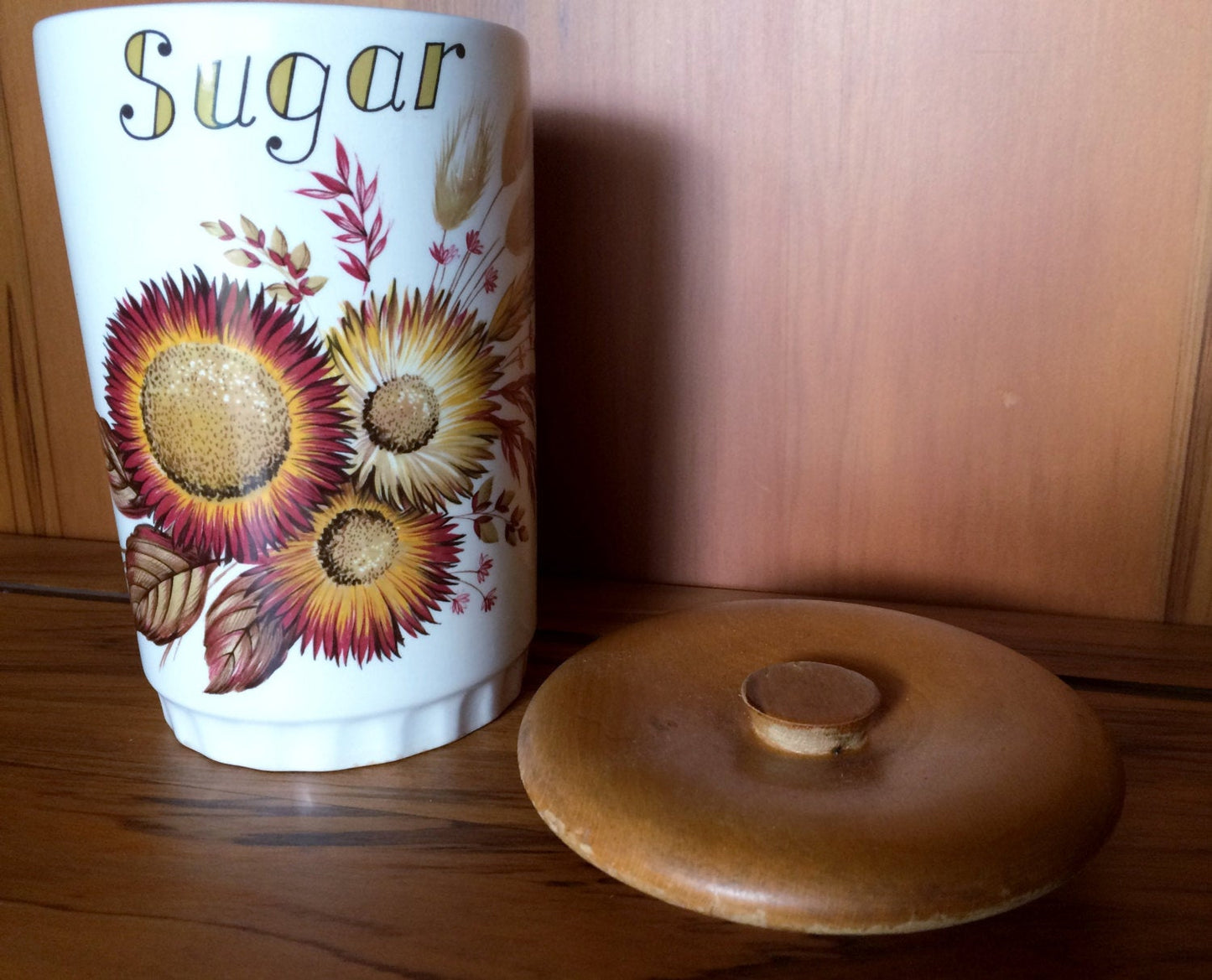 Hand Painted Antique Sugar Canister with Sunflowers and Wooden Lid