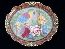 Load image into Gallery viewer, Antique Parrot and Roses Gobelin Needlepoint Picture in Ornate Oval Gilded Walnut Stain Frame