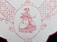 Load image into Gallery viewer, Antique European Crinoline Lady Cross and Stem Stitch Embroidered Red and White Square Tablecloth
