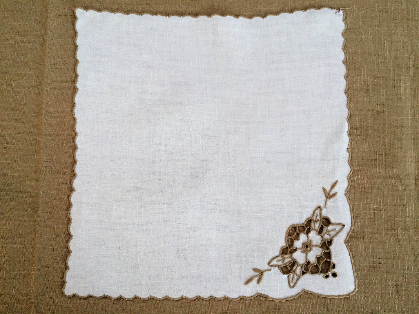 Hand Embroidered Off-White and Taupe Vintage Cutwork Embroidered Linen Napkin with Scalloped Edging