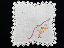 Load image into Gallery viewer, Vintage Embroidered White Linen Flower Basket Design Doily with Crochet Lace Edging