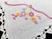 Load image into Gallery viewer, Vintage Embroidered White Linen Flower Basket Design Doily with Crochet Lace Edging