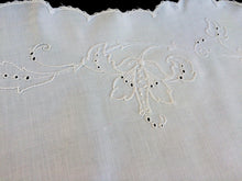 Load image into Gallery viewer, Embroidered Antique Victorian Carver Cover. Rare Antique Linen Kitchen Meat Carver Tablecloth with Madeira Cutwork and Scalloped Crochet Edging