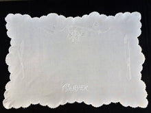 Load image into Gallery viewer, Embroidered Antique Victorian Carver Cover. Rare Antique Linen Kitchen Meat Carver Tablecloth with Madeira Cutwork and Scalloped Crochet Edging