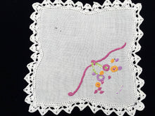 Load image into Gallery viewer, Vintage Embroidered White Linen Flower Basket Design Doily with Crochet Lace Edging