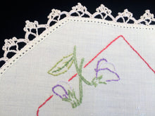 Load image into Gallery viewer, Vintage Embroidered Off White Small Hexagonal Linen Doily with Pansies and Crochet Edging RBT3517