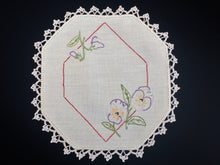 Load image into Gallery viewer, Vintage Embroidered Off White Small Hexagonal Linen Doily with Pansies and Crochet Edging RBT3517