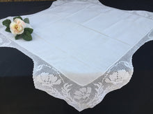 Load image into Gallery viewer, Small Vintage Collectible Irish Lace and Linen Card Tablecloth with Mary Card Designed Anemones Filet Crochet Edging