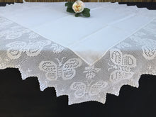 Load image into Gallery viewer, Antique White Irish Linen Tablecloth with Butterflies and Roses Deep Filet Crochet Lace Edging