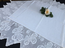 Load image into Gallery viewer, Antique White Irish Linen Tablecloth with Butterflies and Roses Deep Filet Crochet Lace Edging