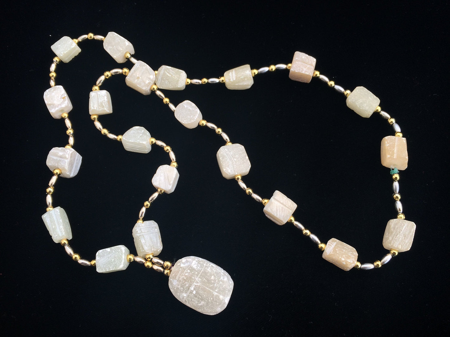 Natural White Stone or Rough Crystal and Gold and Silver Tone Metal Beaded Necklace with Pendant