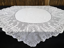 Load image into Gallery viewer, Mary Card "The Garden" Crochet Lace and Irish Linen Collectible Vintage Tablecloth with Peacocks in the Garden Chart No. 68